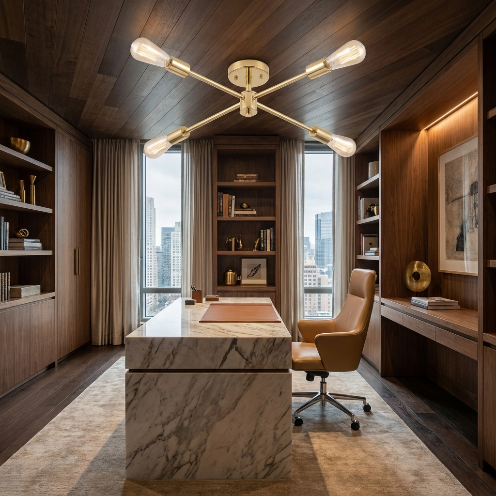 Gold sputnik chandelier in a magazine-quality luxury home office with designer furniture