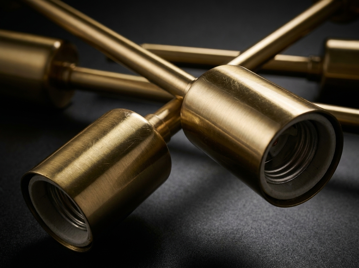 Close-up of the gold metal sputnik arms with dramatic showcase lighting