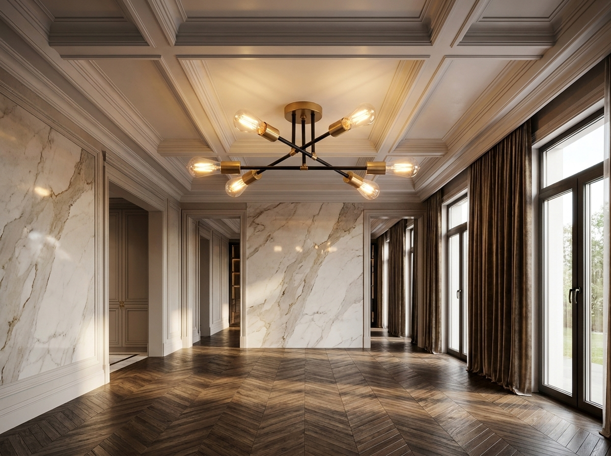 Alternate wide angle of the black and gold sputnik chandelier in a luxury dining room