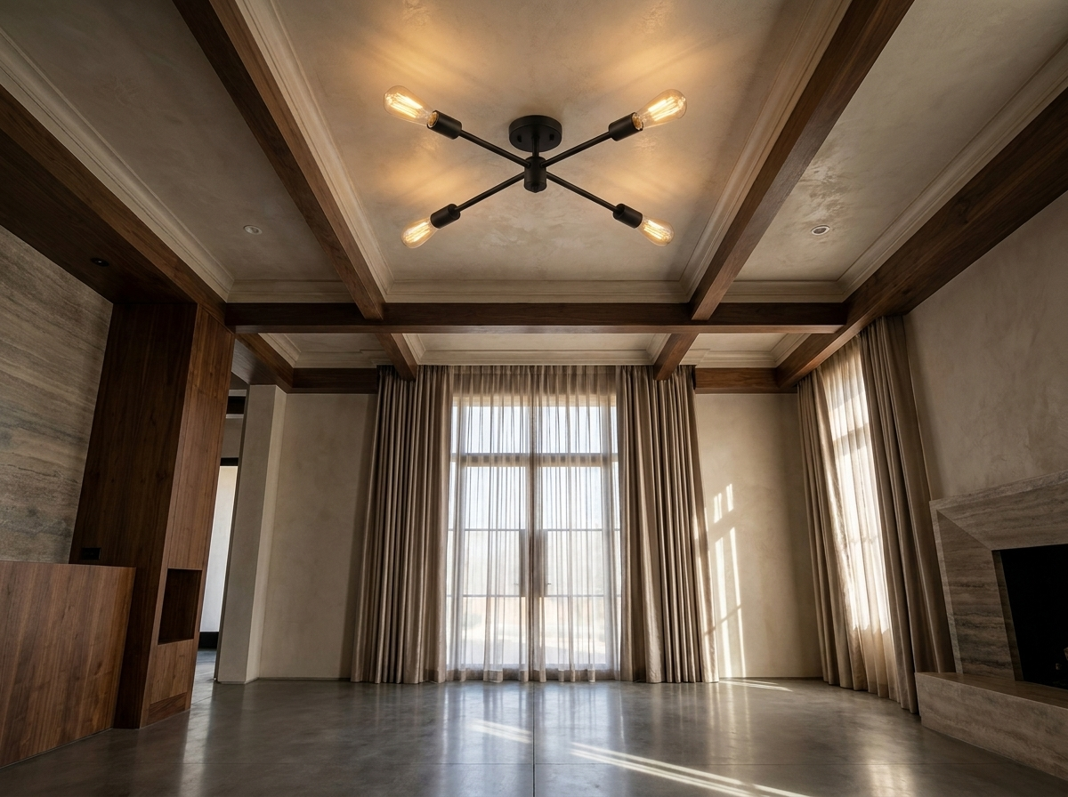 Alternate angle of the black sputnik chandelier in a magazine-quality primary bedroom