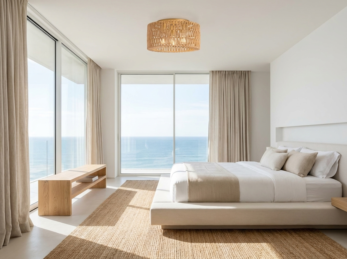 Rattan flush mount ceiling light in a bright modern minimalist coastal bedroom