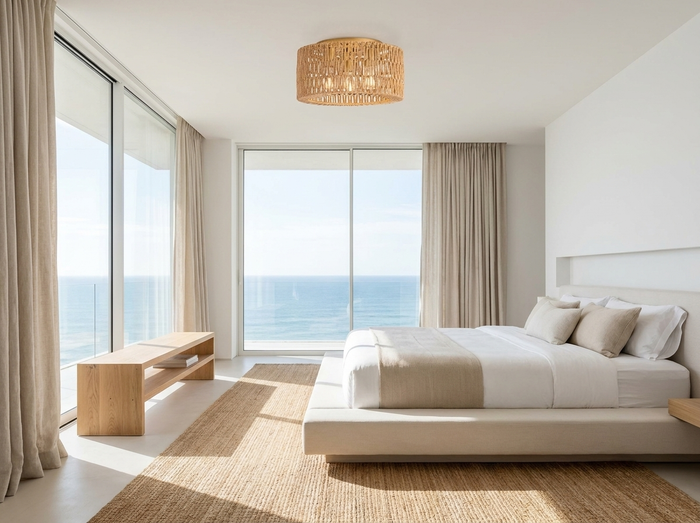Rattan Flush Mount Ceiling Light for Bedroom & Living Room, Woven Boho Coastal Fixture, Natural Rattan Shade, Gold Trim, Modern Minimalist 1 3 4 Light