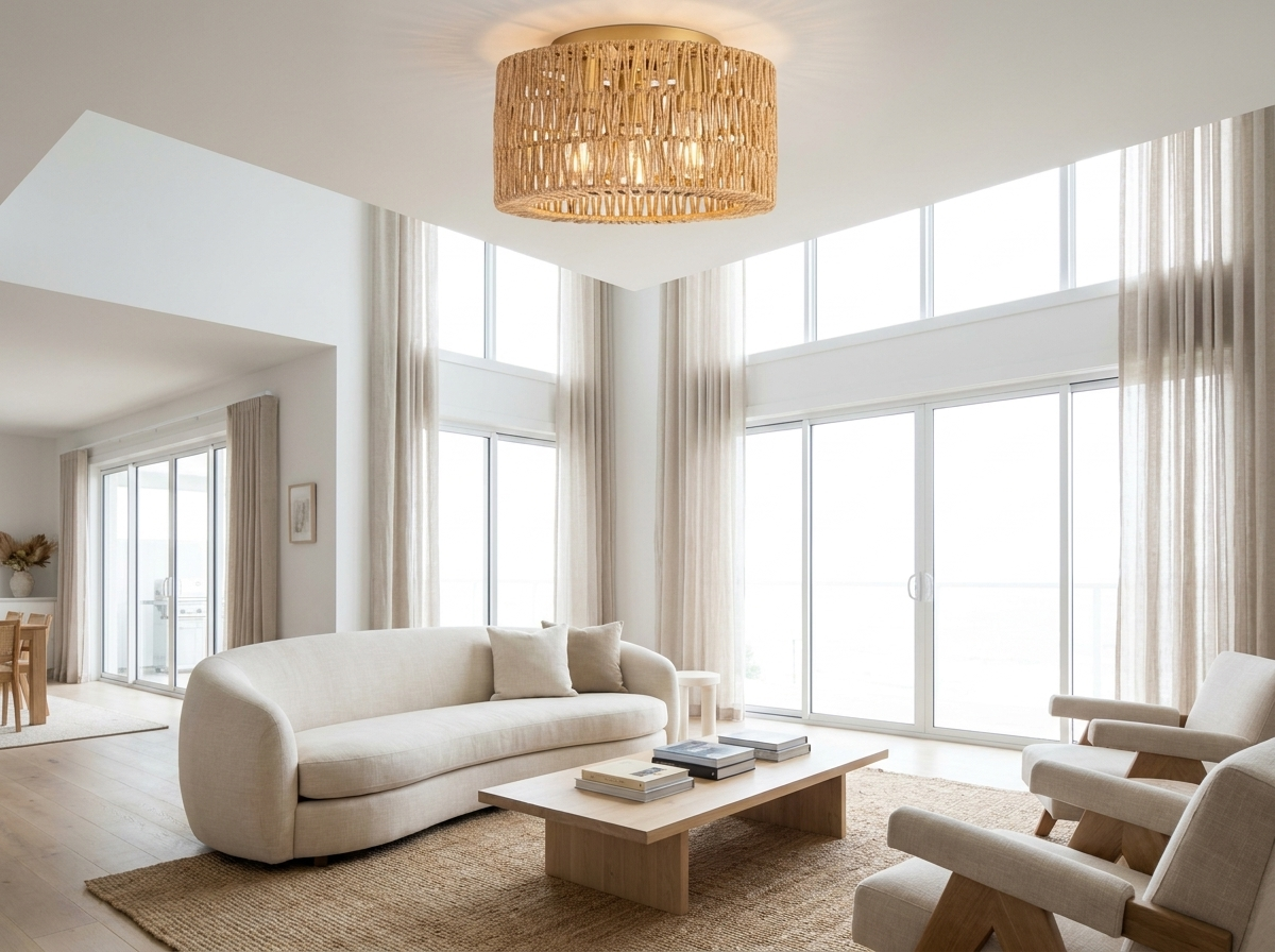 Rattan flush mount ceiling light in a bright modern minimalist coastal living room