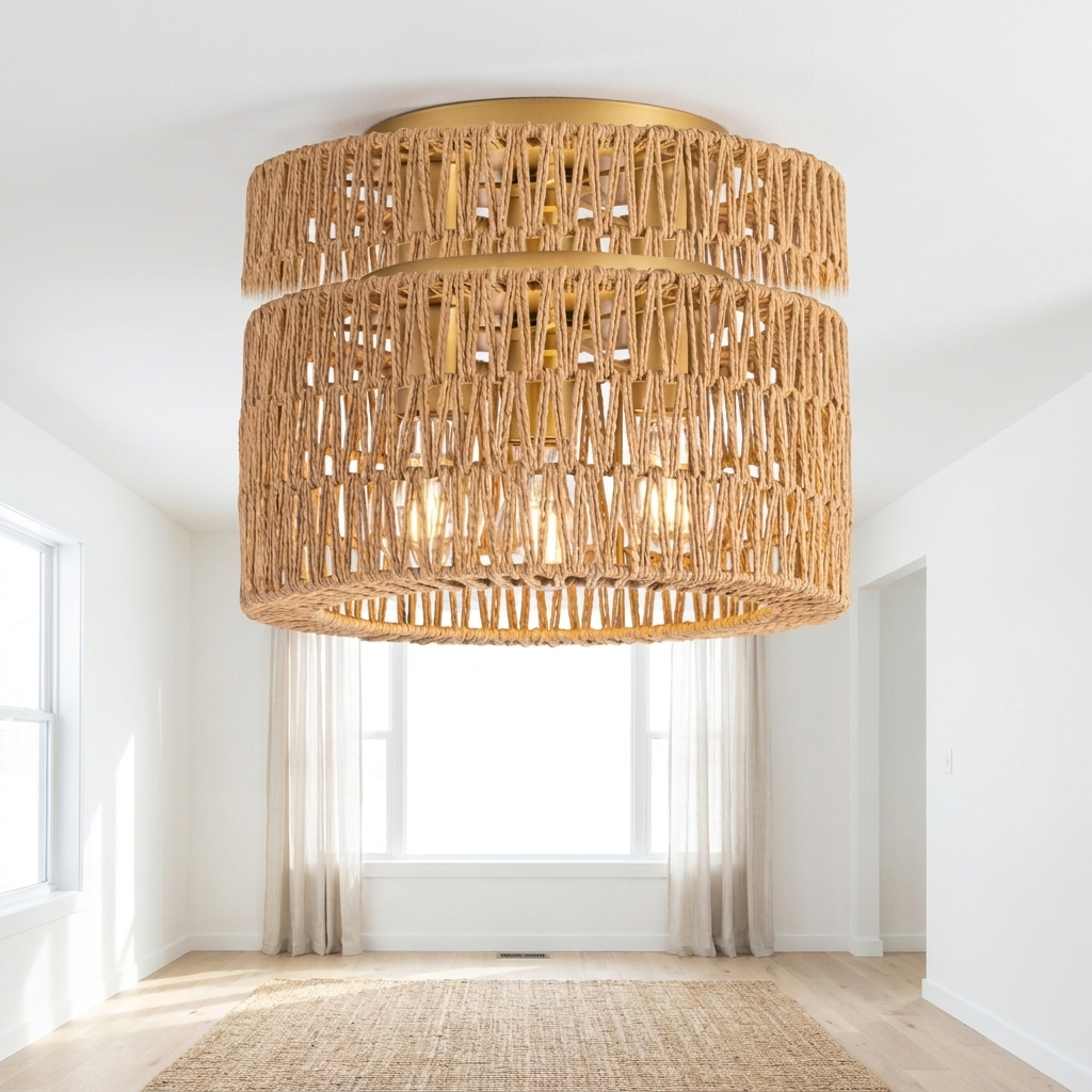 Installation perspective looking up at the rattan flush mount ceiling light