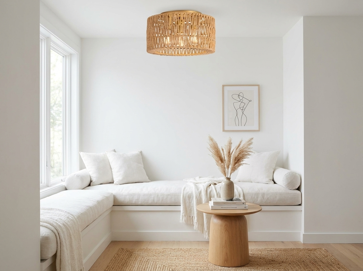 Rattan flush mount ceiling light in a bright minimalist bedroom reading nook