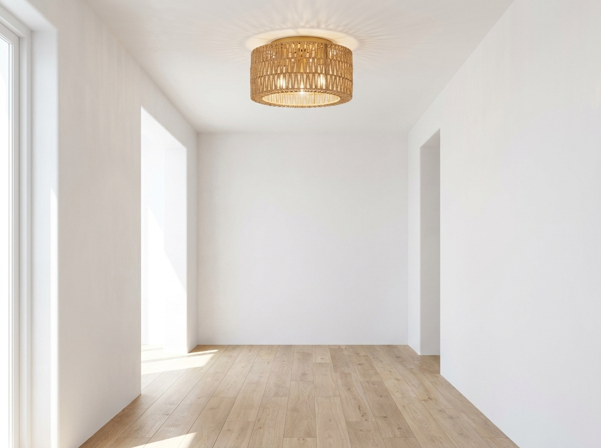 Rattan flush mount ceiling light in a bright modern minimalist entryway