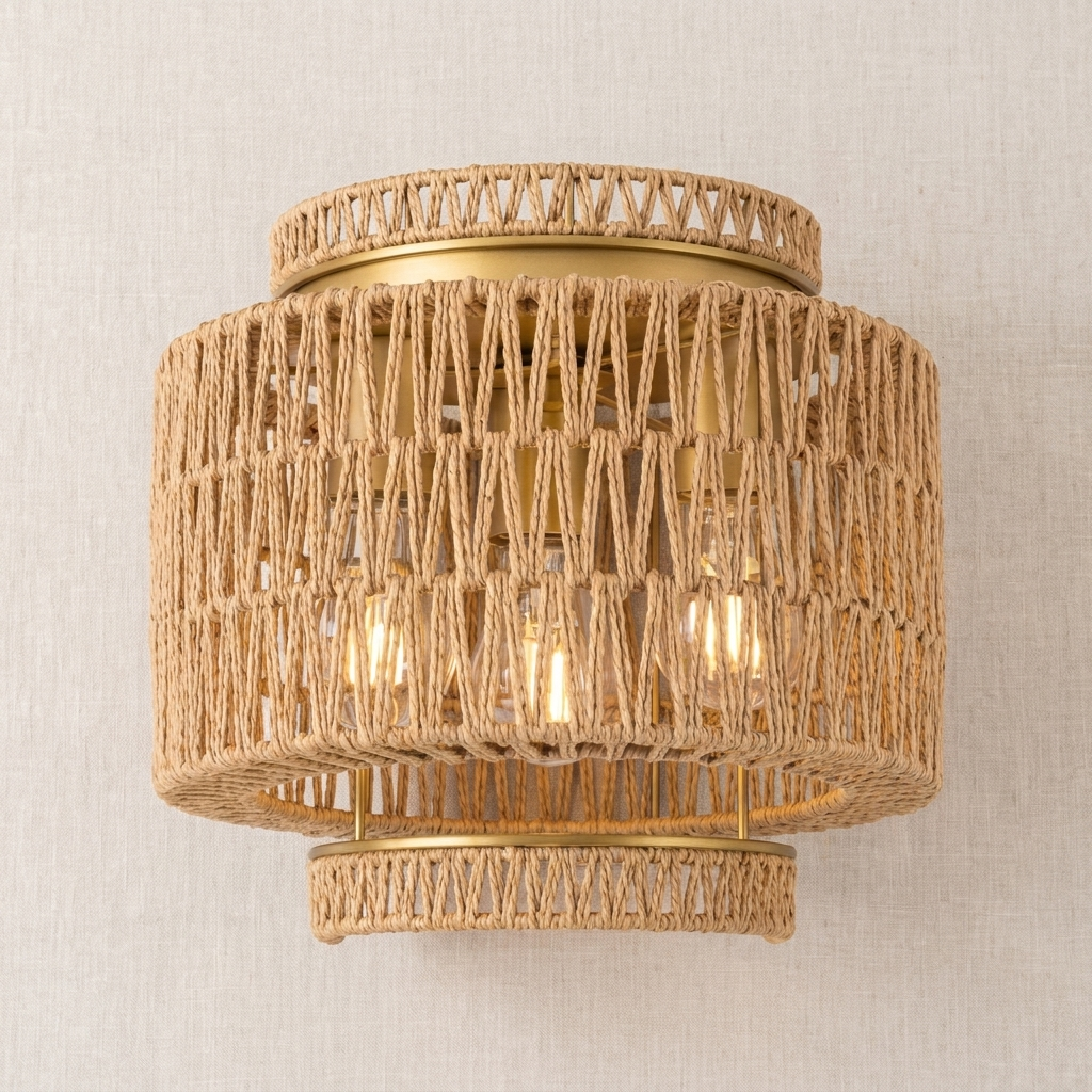 Flat lay product photo of the rattan flush mount ceiling light