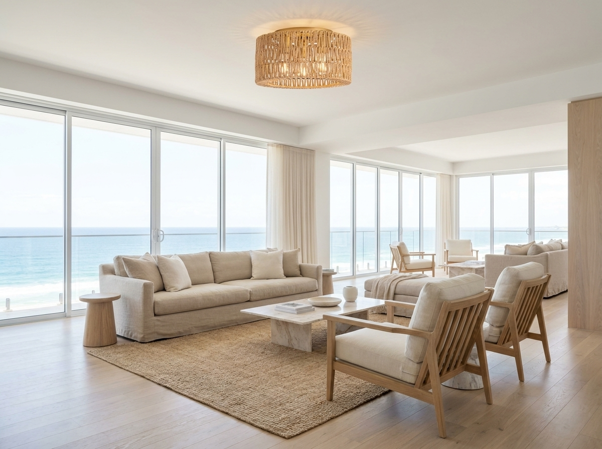 Alternate wide angle of the rattan flush mount ceiling light in a coastal living room