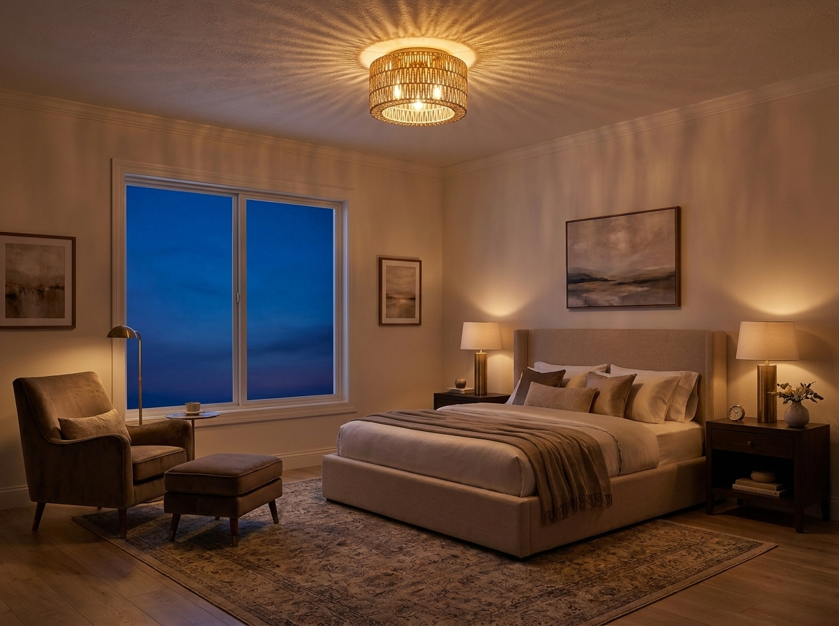 Rattan flush mount ceiling light in a luxury bedroom with warm evening ambiance
