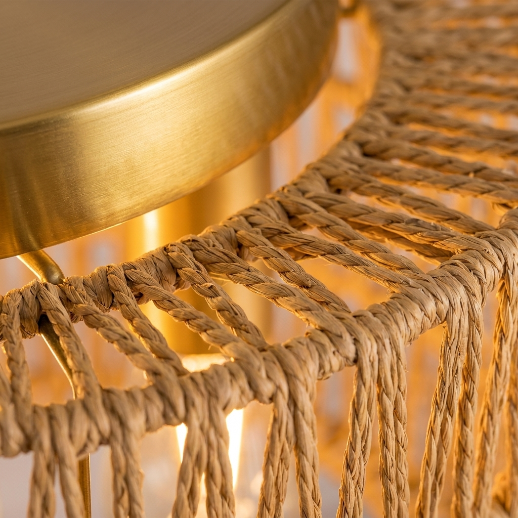 Macro close-up of woven rattan texture glowing warmly