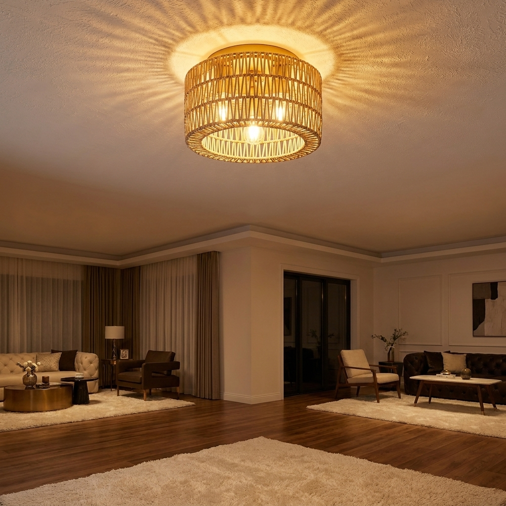 Installation perspective looking up at the illuminated rattan ceiling light