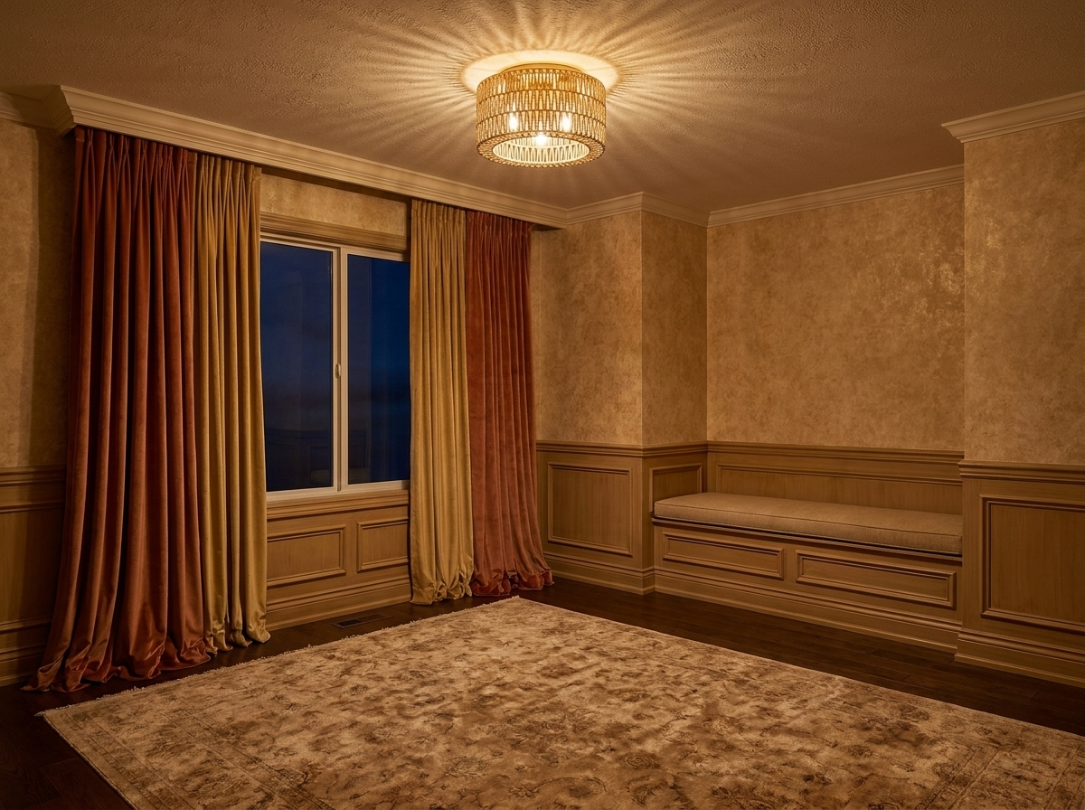 Rattan flush mount ceiling light in a warm luxury bedroom reading nook