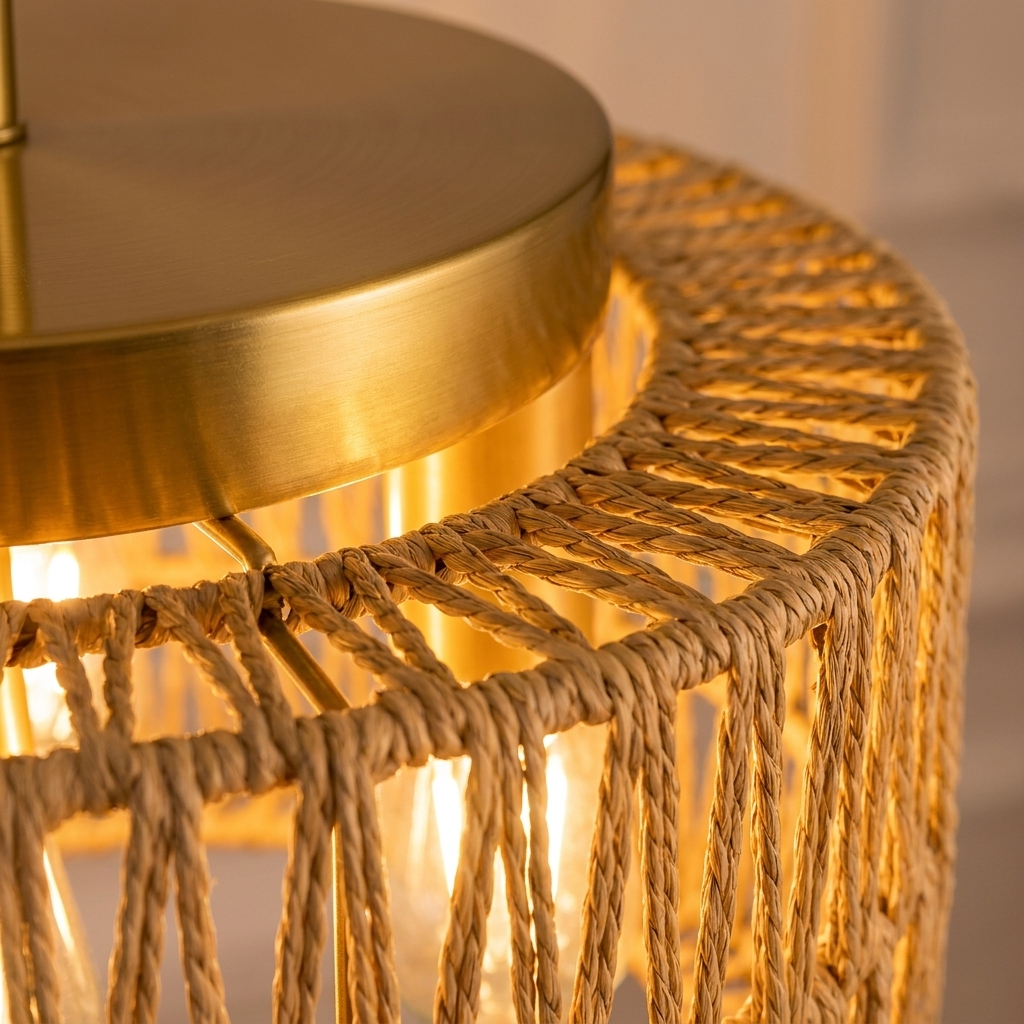 Close-up of the gold trim ring glowing warmly on the rattan ceiling light