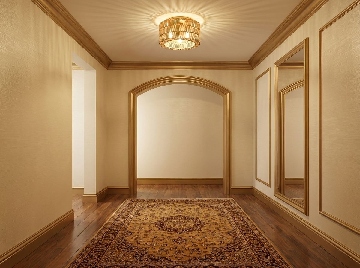 Rattan flush mount ceiling light in a warm luxury entryway