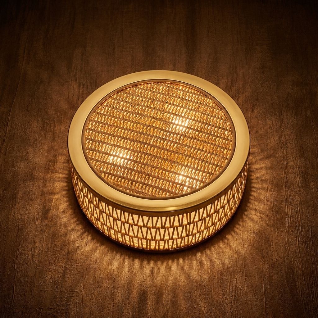 Flat lay product photo of the rattan flush mount ceiling light on a warm background