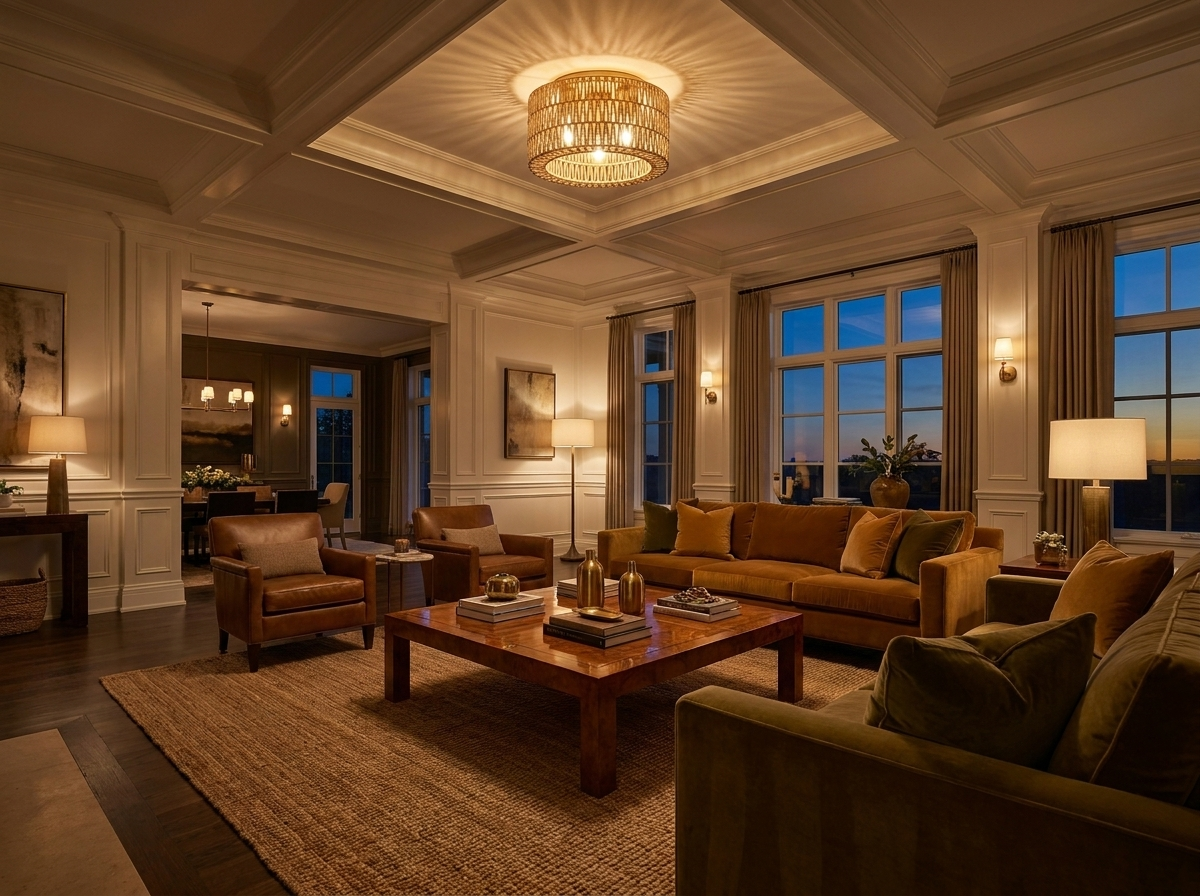 Alternate wide angle of the rattan flush mount ceiling light in a warm luxury living room