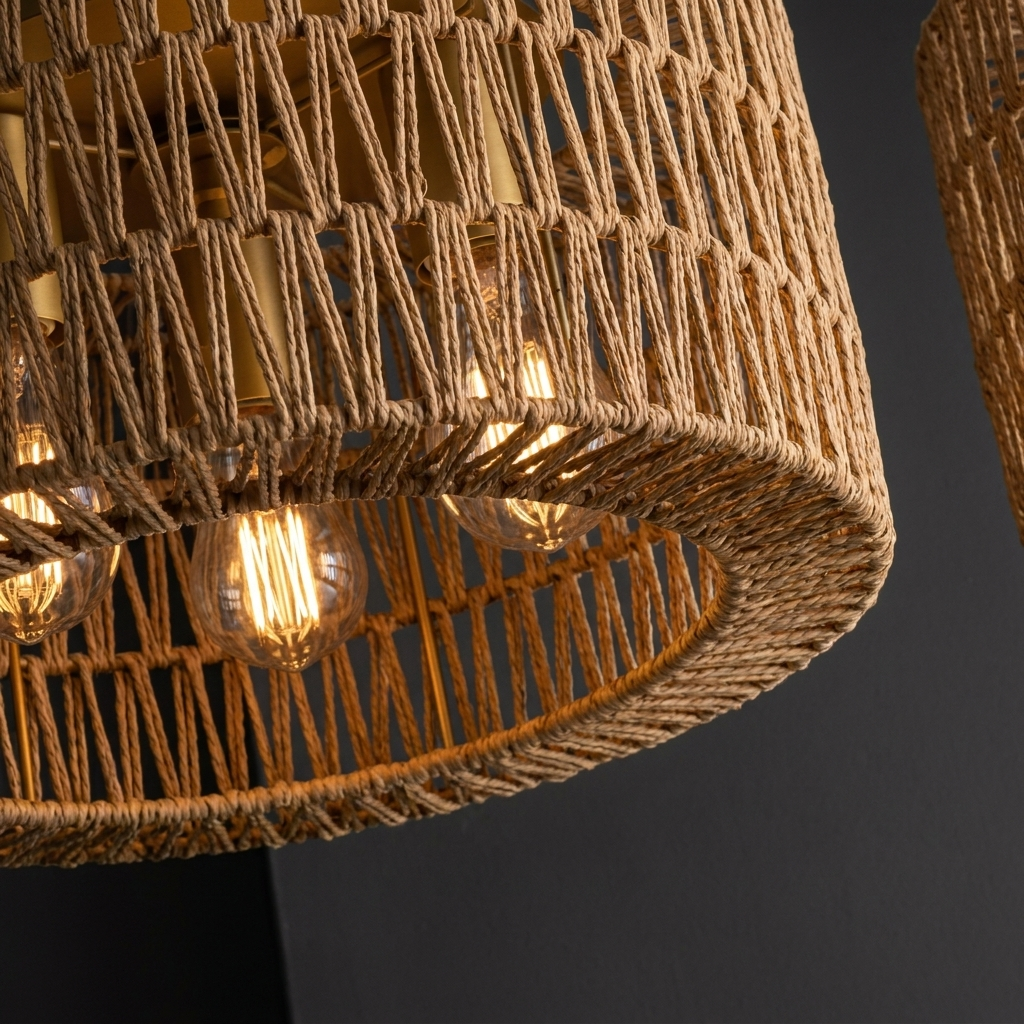 Designer rattan flush mount ceiling light, gold trim, Merchant Center product photo