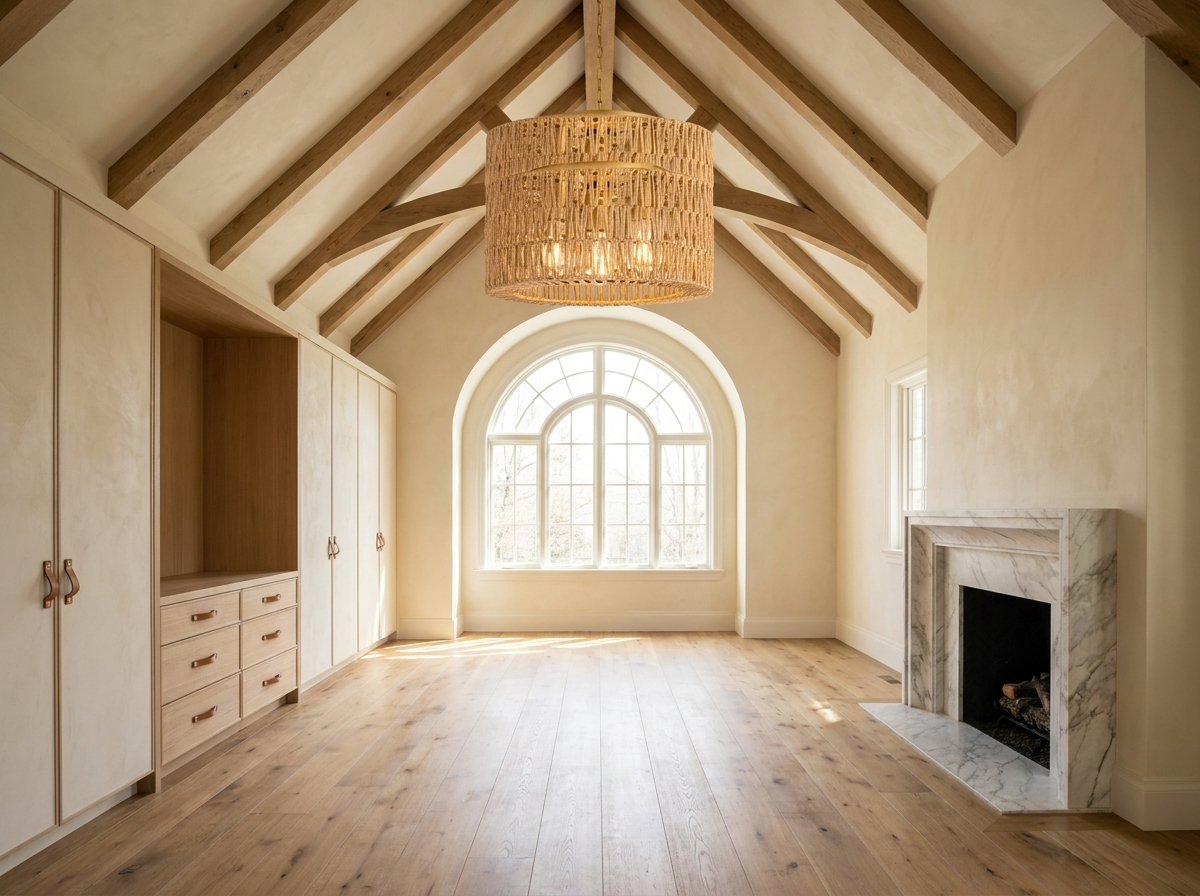 Designer rattan flush mount ceiling light in a magazine-quality primary bedroom