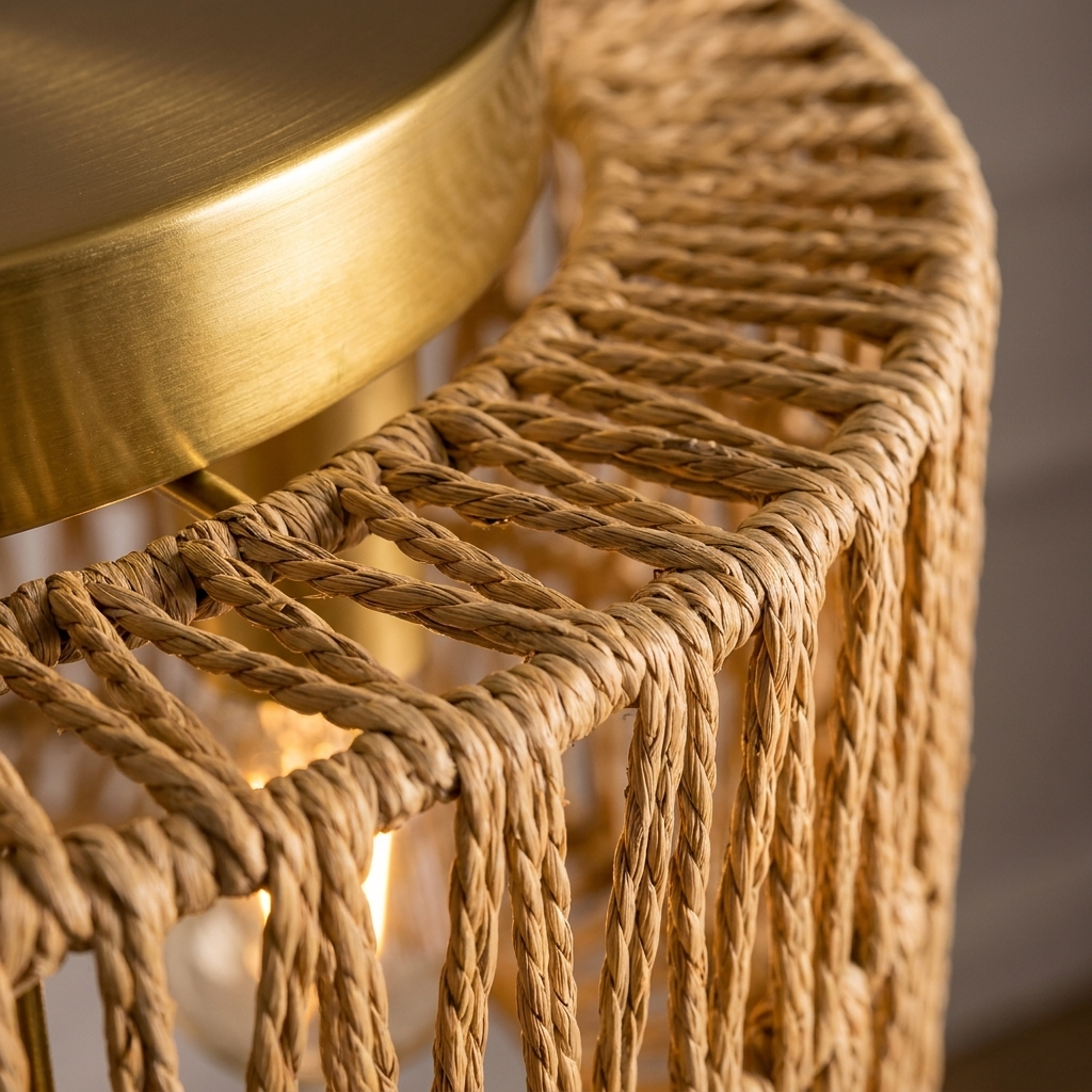 Macro architectural detail of woven rattan texture and gold trim