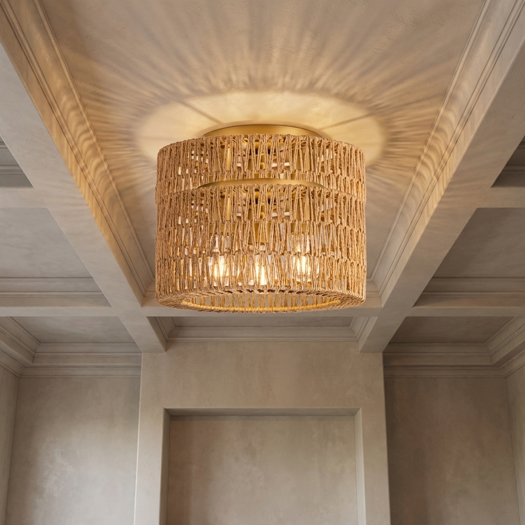 Dramatic installation perspective looking up at the designer rattan ceiling light