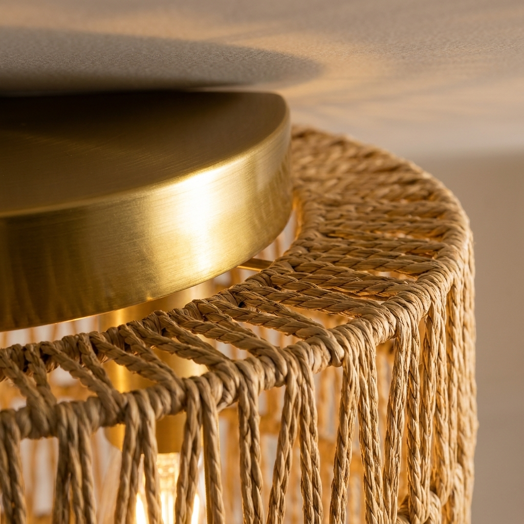 Close-up of the gold trim ring on the designer rattan ceiling light