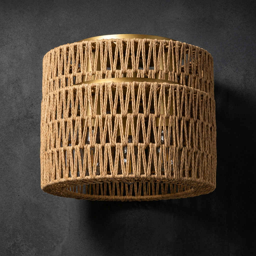 Flat lay architectural product photo of the designer rattan ceiling light