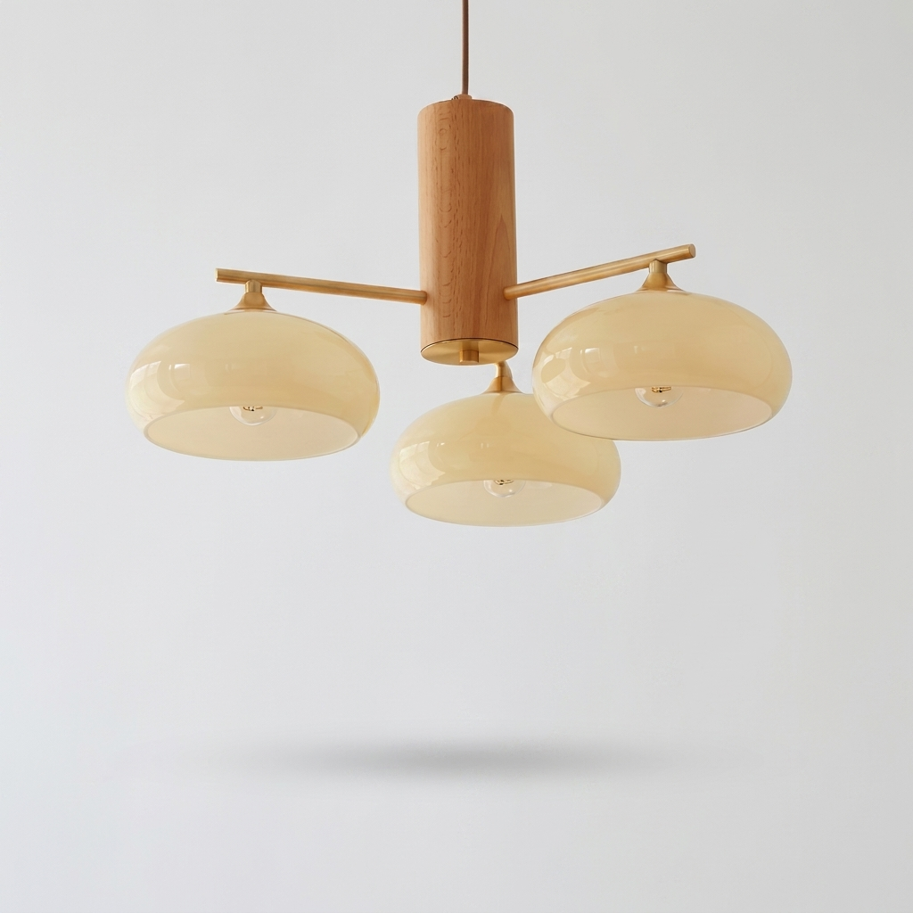 Copper chandelier with wood beam arm, Merchant Center product photo