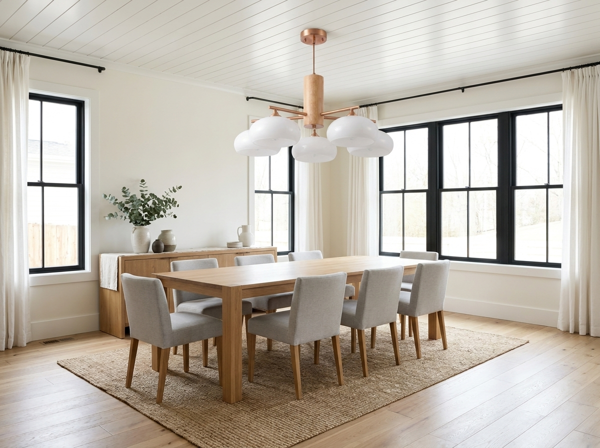 Copper chandelier with milk-white glass shades in a bright modern farmhouse dining room