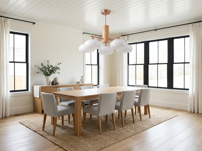 Copper Chandelier for Dining Room & Kitchen Island, Modern Farmhouse Wood Beam Light Fixture, Milk Glass Shades, 3 or 5-Light, Rustic Copper