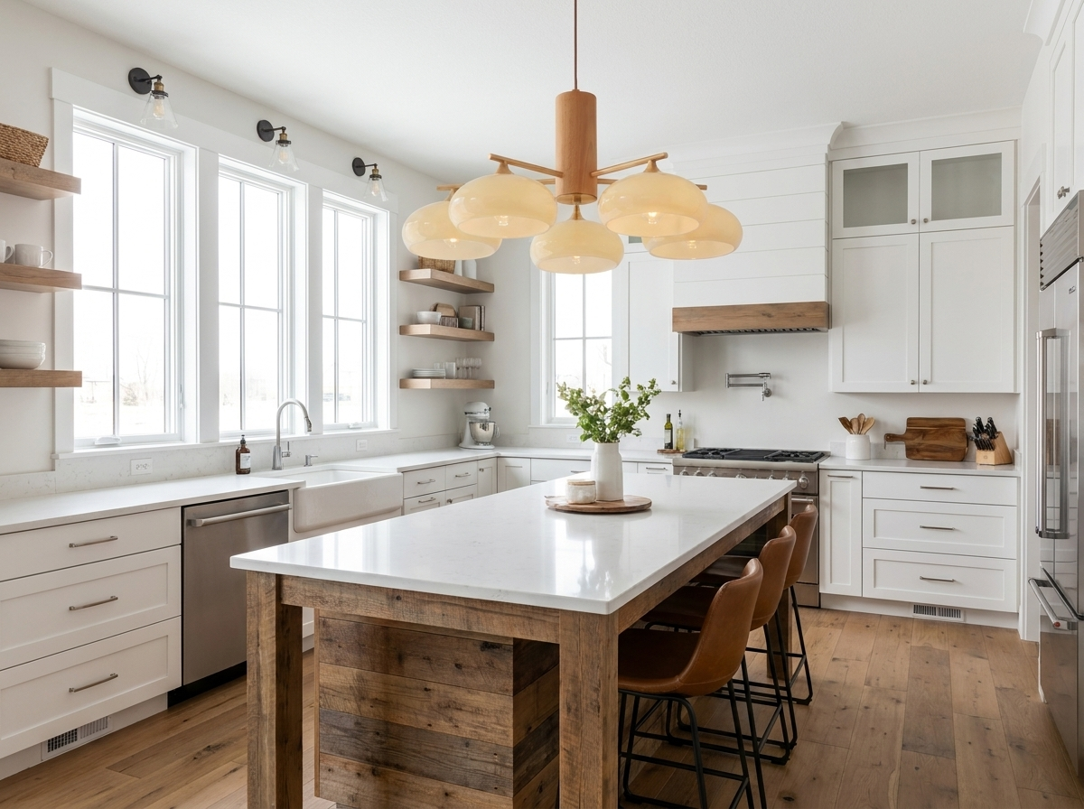 Copper chandelier with milk-yellow glass shades above a modern farmhouse kitchen island