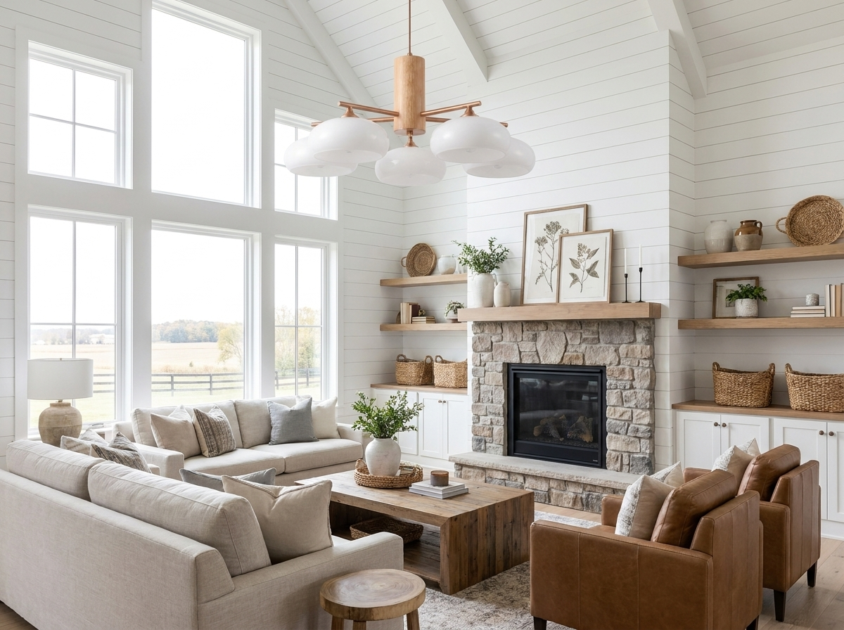 Copper chandelier with milk-white glass shades in a bright modern farmhouse living room