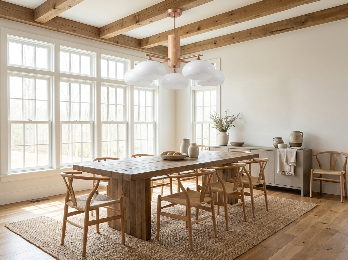 Alternate wide angle of the copper chandelier in a modern farmhouse dining room