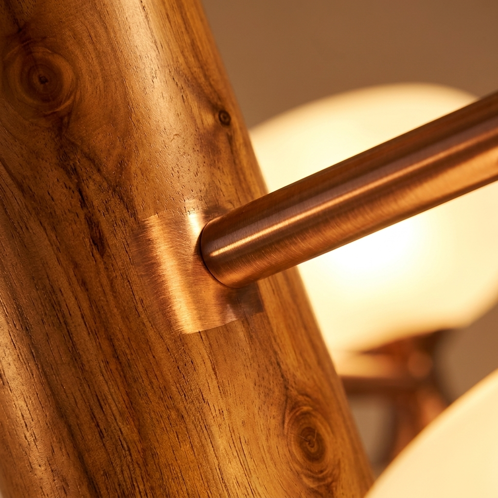 Macro close-up of the copper finish and wood beam grain, glowing warmly