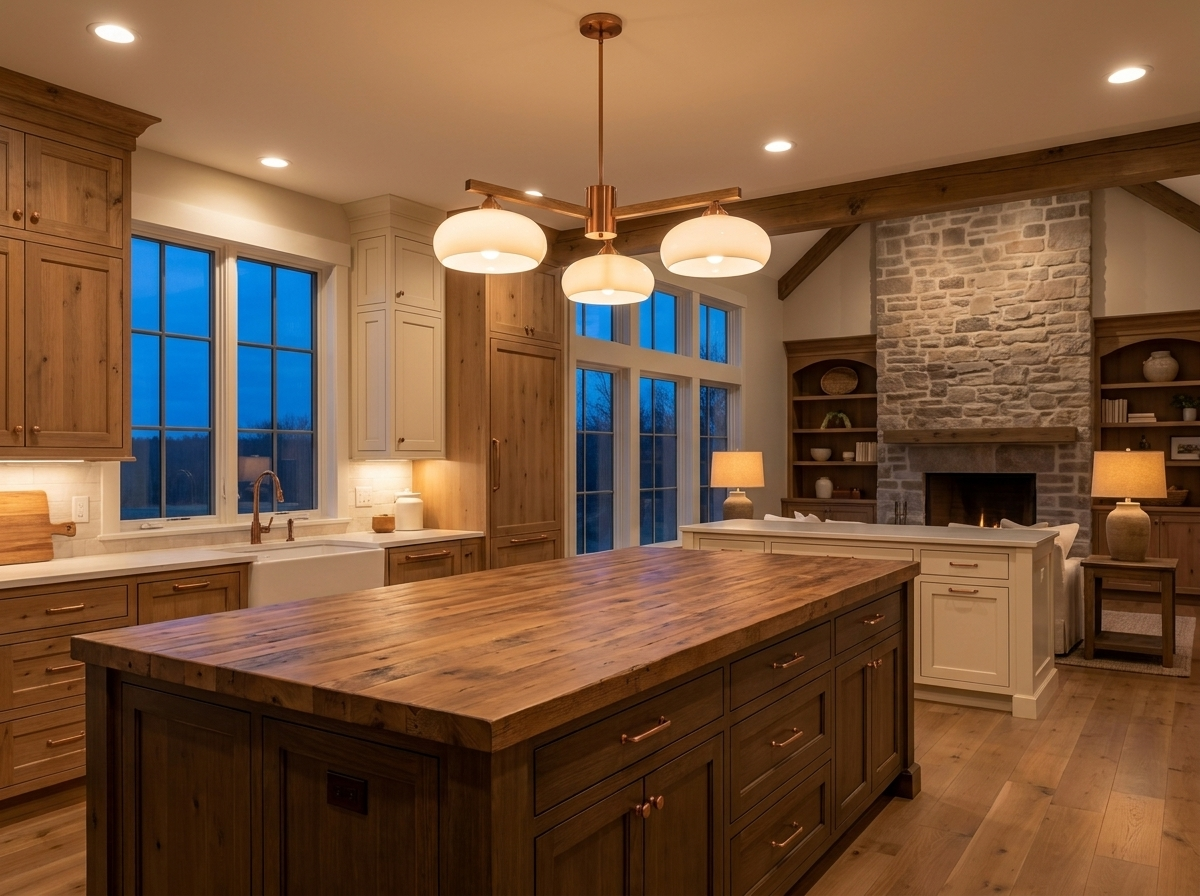 Copper chandelier with milk-white glass shades above a luxury kitchen island with warm evening ambiance