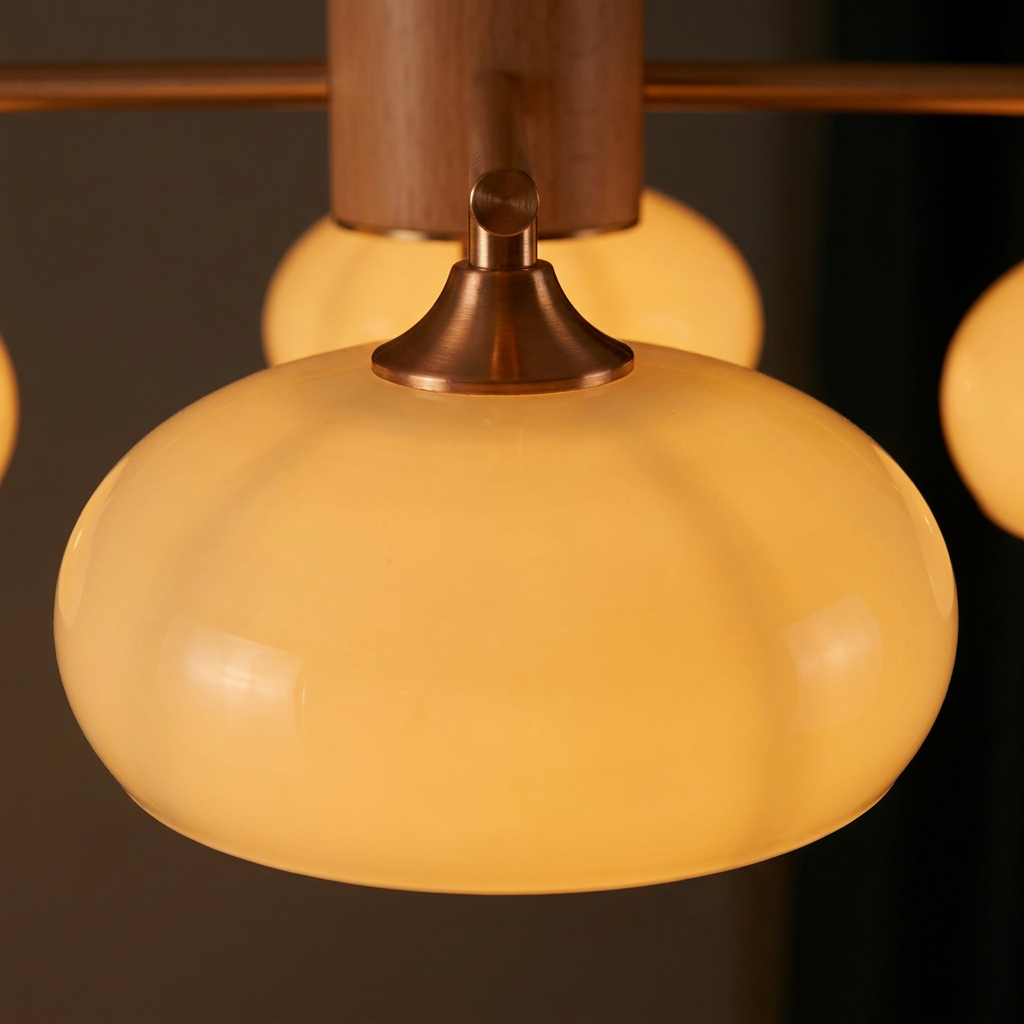 Close-up of a milk-yellow glass shade glowing warmly with copper fitting