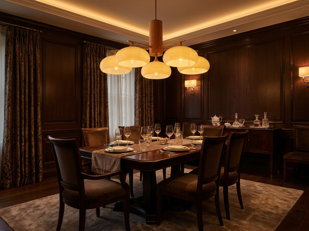 Copper chandelier with milk-yellow glass shades in a warm luxury dining room