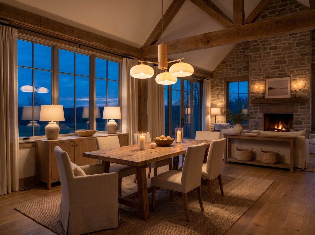 Alternate wide angle of the copper chandelier in a warm luxury living room