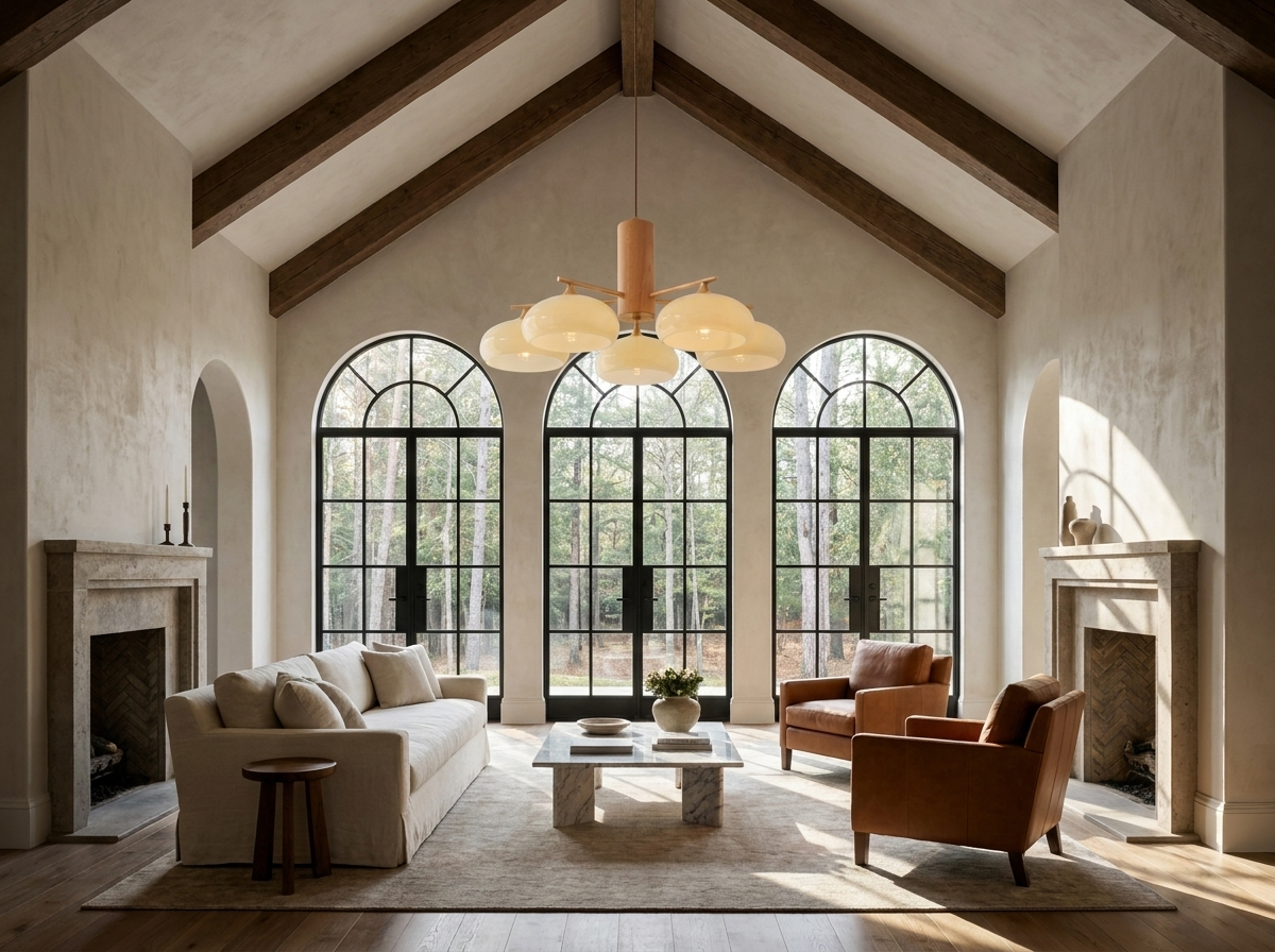 Designer copper chandelier with milk-yellow glass shades in a magazine-quality vaulted living room