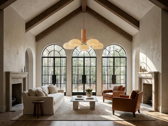 Designer Copper Chandelier, Architectural Showstopper Wood Beam Fixture for High Ceiling Dining Rooms, Milk Glass Shades, 3 or 5-Light