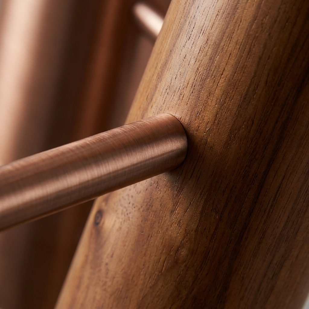 Macro architectural detail of the copper finish and wood beam grain