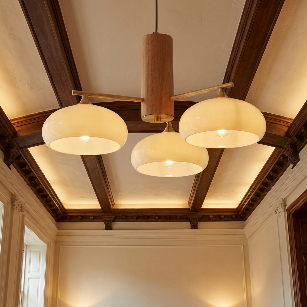 Dramatic installation perspective looking up at the designer copper chandelier