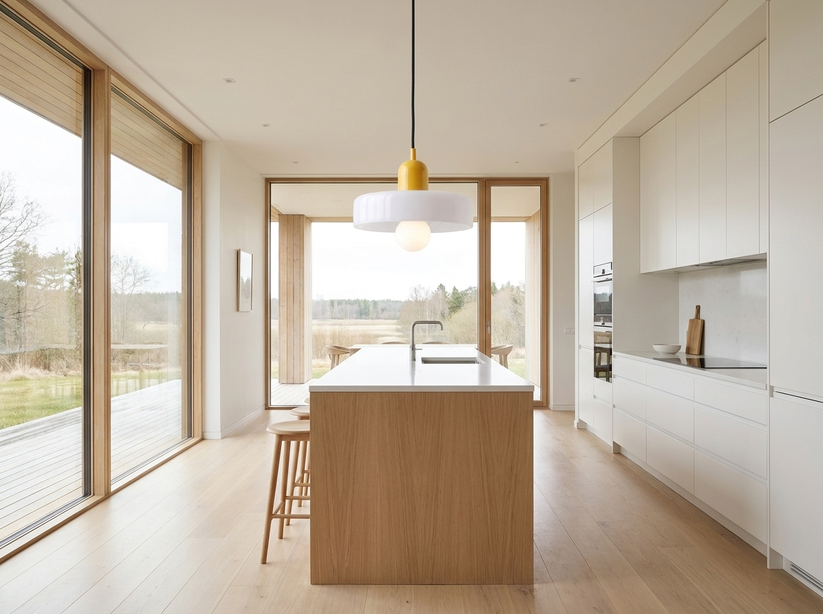 White colored glass pendant light in a bright modern minimalist Nordic kitchen island