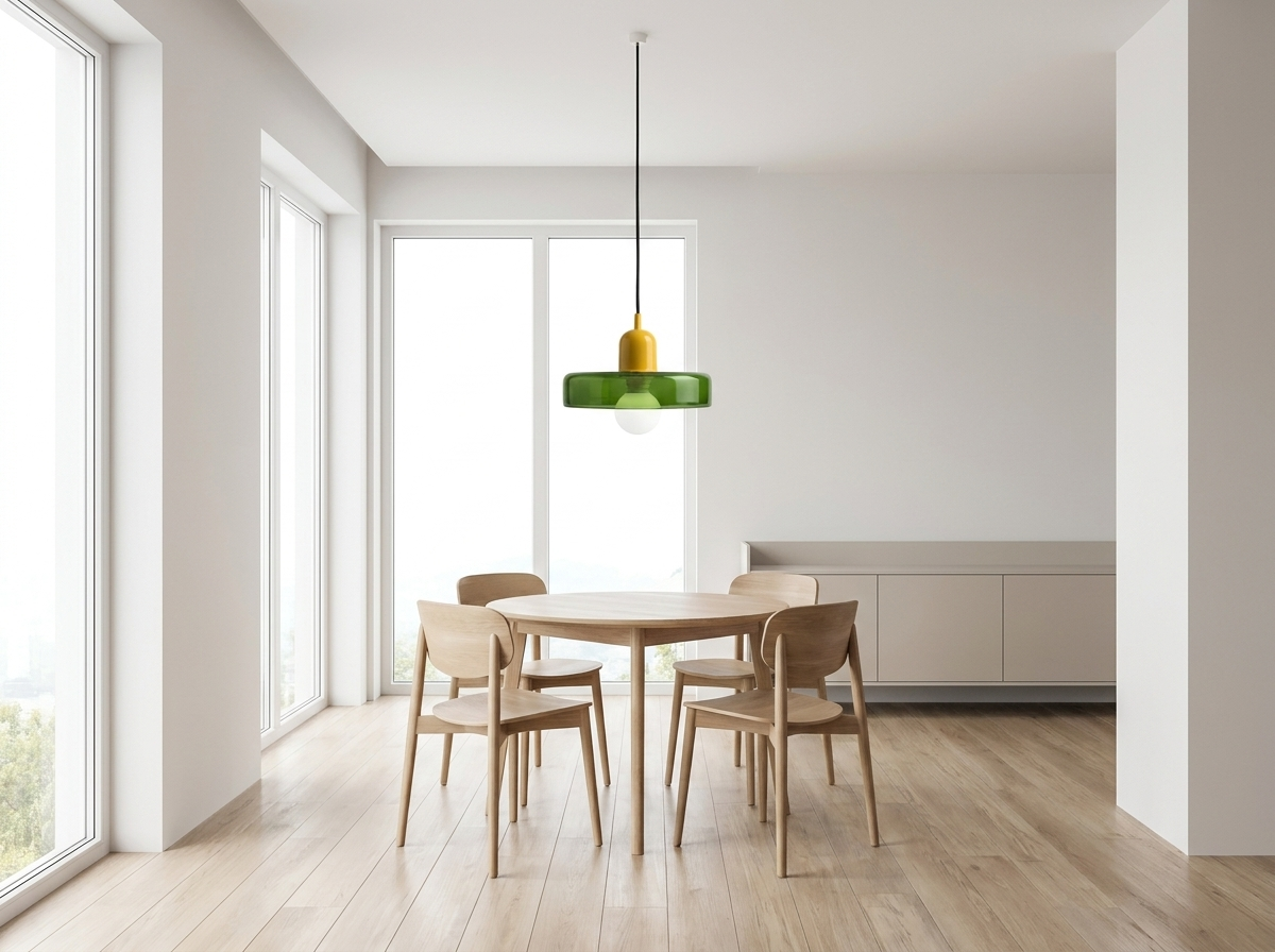 Green colored glass pendant light in a bright modern minimalist Nordic dining room