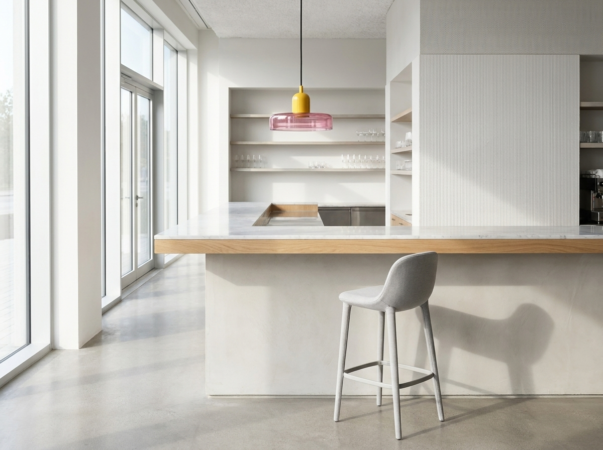 Pink colored glass pendant light above a bright modern minimalist bar counter