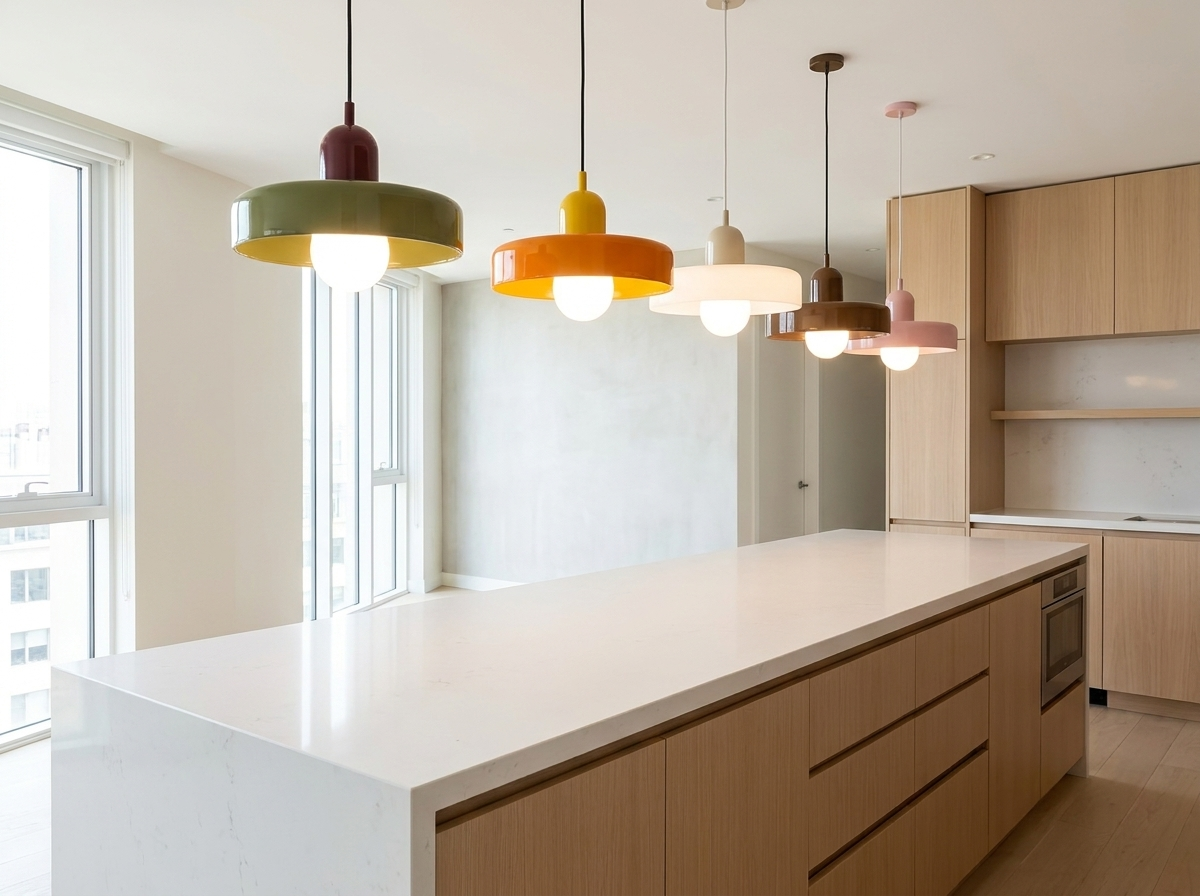 Orange colored glass pendant light grouped with other colors above a modern minimalist kitchen counter