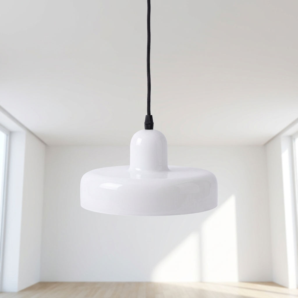Installation perspective looking up at the white colored glass pendant light