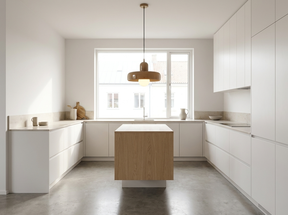 Brown colored glass pendant light in a bright modern minimalist Nordic kitchen
