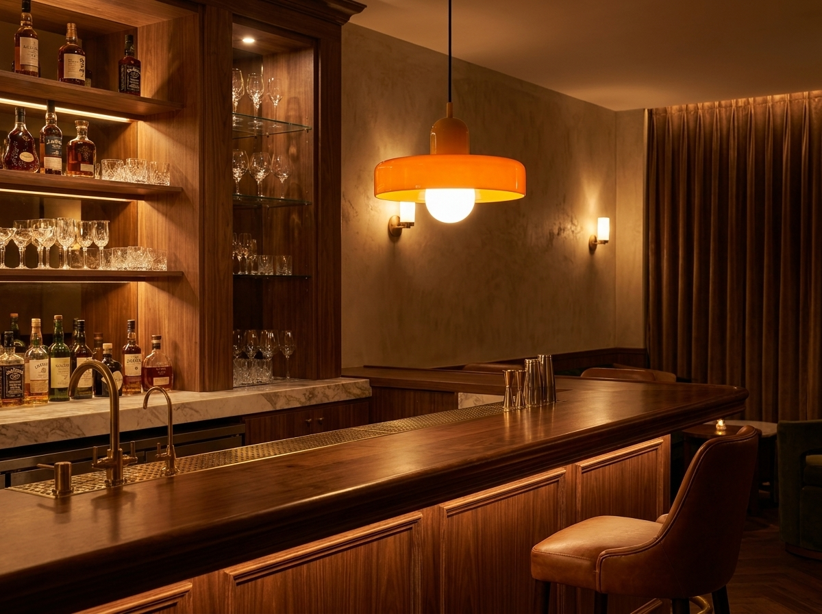 Orange colored glass pendant light above a luxury bar counter with warm evening ambiance