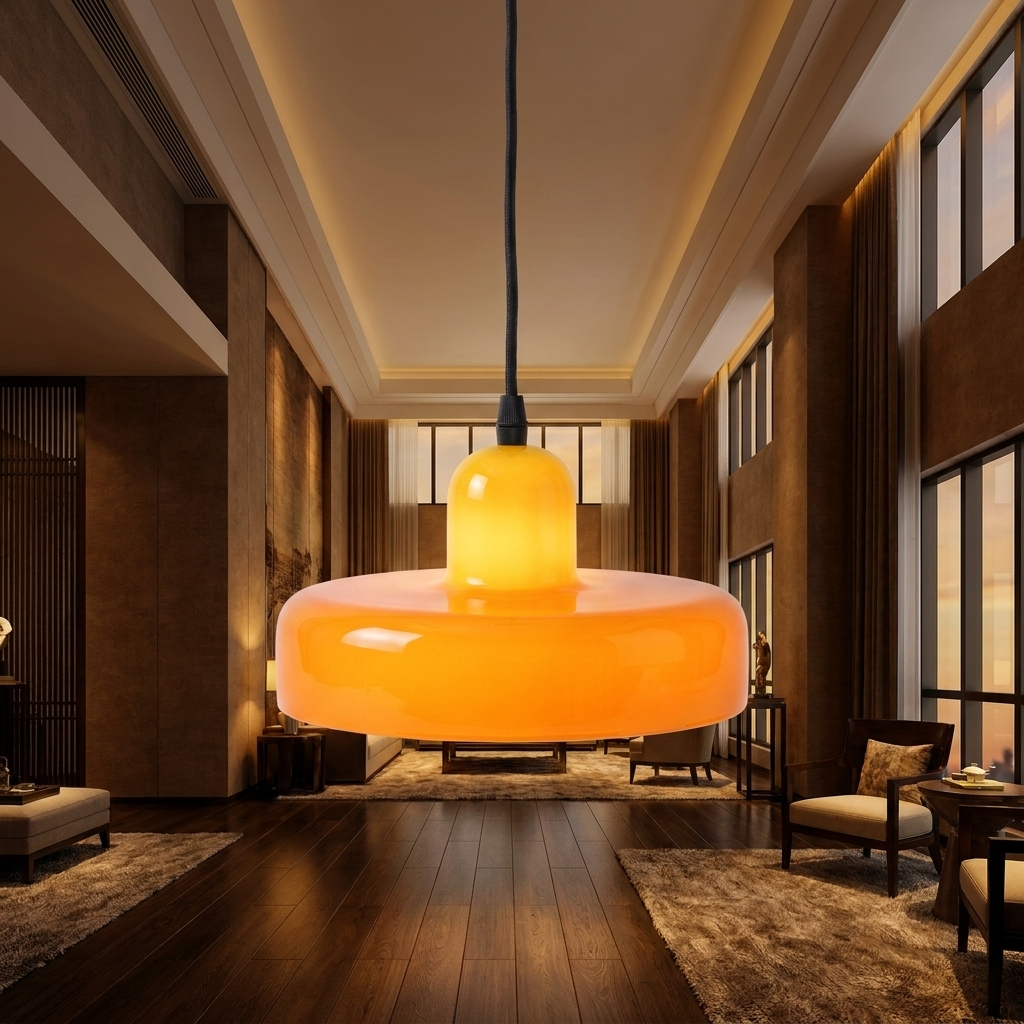 Installation perspective looking up at the illuminated white colored glass pendant light