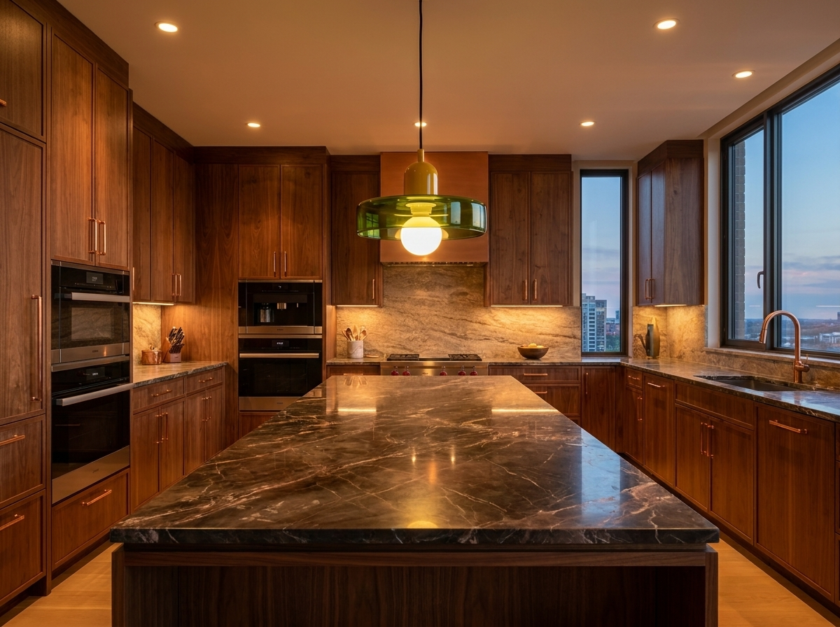 Green colored glass pendant light above a luxury kitchen island with warm evening ambiance